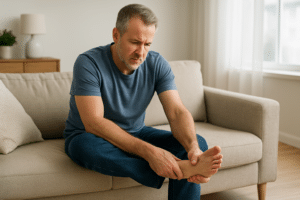 man on couch with neuropathy thinking about the costs for treatment.