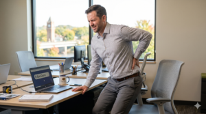 office worker with back pain from sitting all day in Eau Claire, WI.