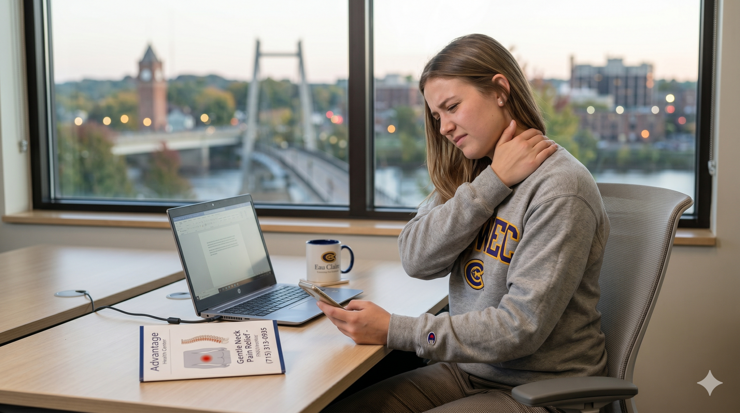 Person in Eau Claire looking down at their phone with neck strain