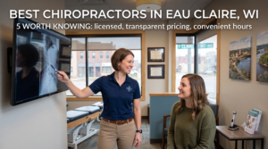 Chiropractor in Eau Claire WI reviewing spinal imaging with a patient at a clinic on E Clairemont Avenue.